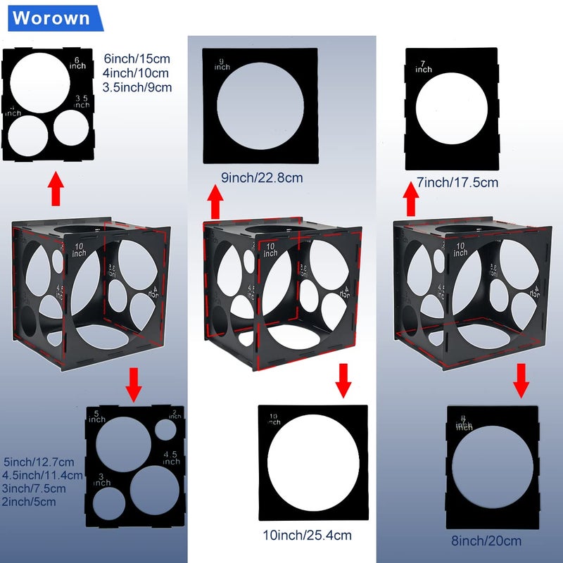 Worown 11 Holes Collapsible Black Plastic Balloon Sizer Box, Balloon Sizer Cube, Balloon Size Measurement Tools for Balloon Decorations, Balloon Arches (2-10 Inch) - Image 3